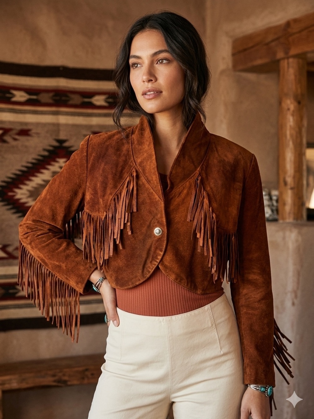 Vtg 80s Italian Suede Fringe Cropped Jacket M Made in Italy Luxury Boho Western